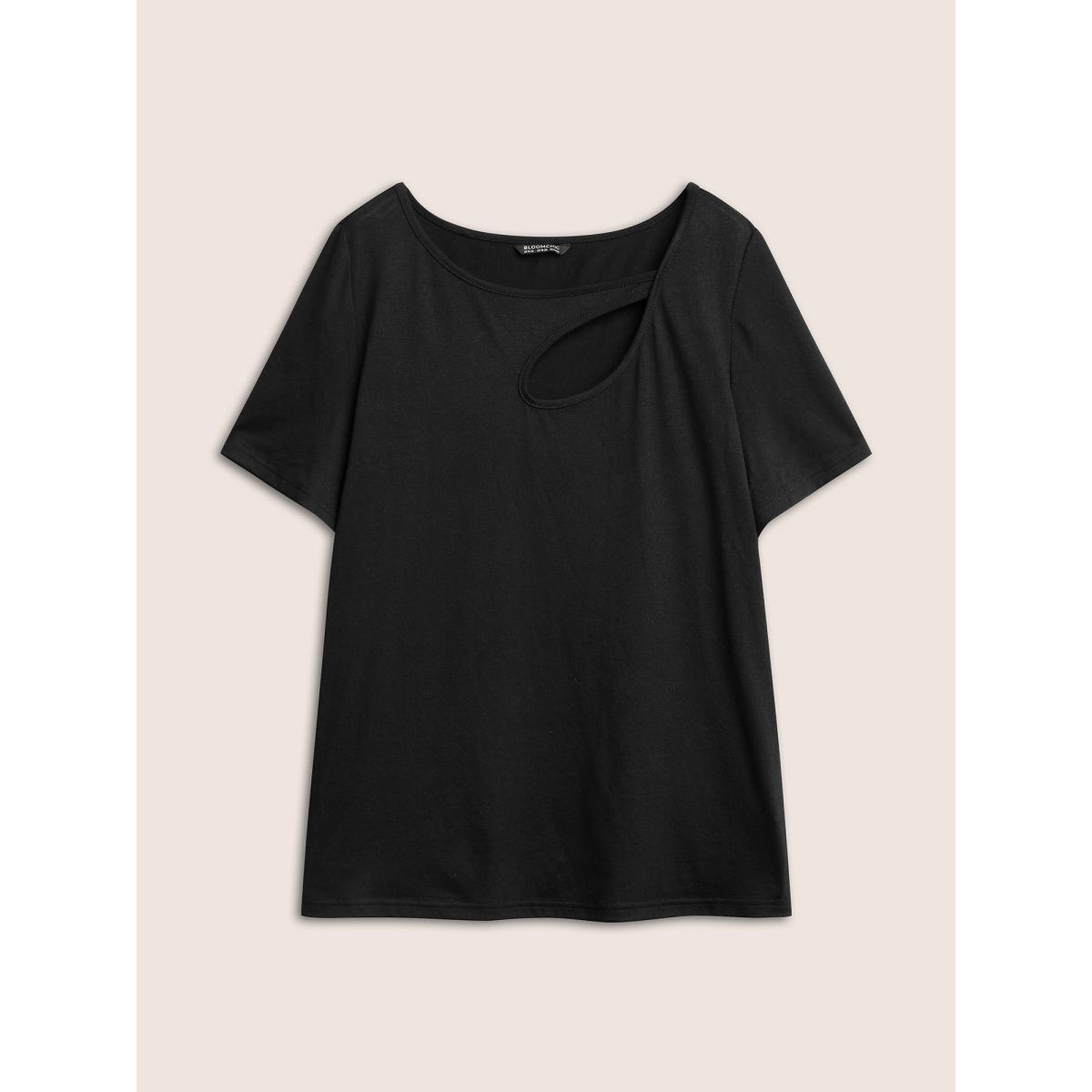 Plus Size Solid Asymmetrical Hem Cut Out T-shirt Black Women Casual Cut-Out Plain Asymmetrical Neck Everyday T-shirts BloomChic 18-20/2X Product Image