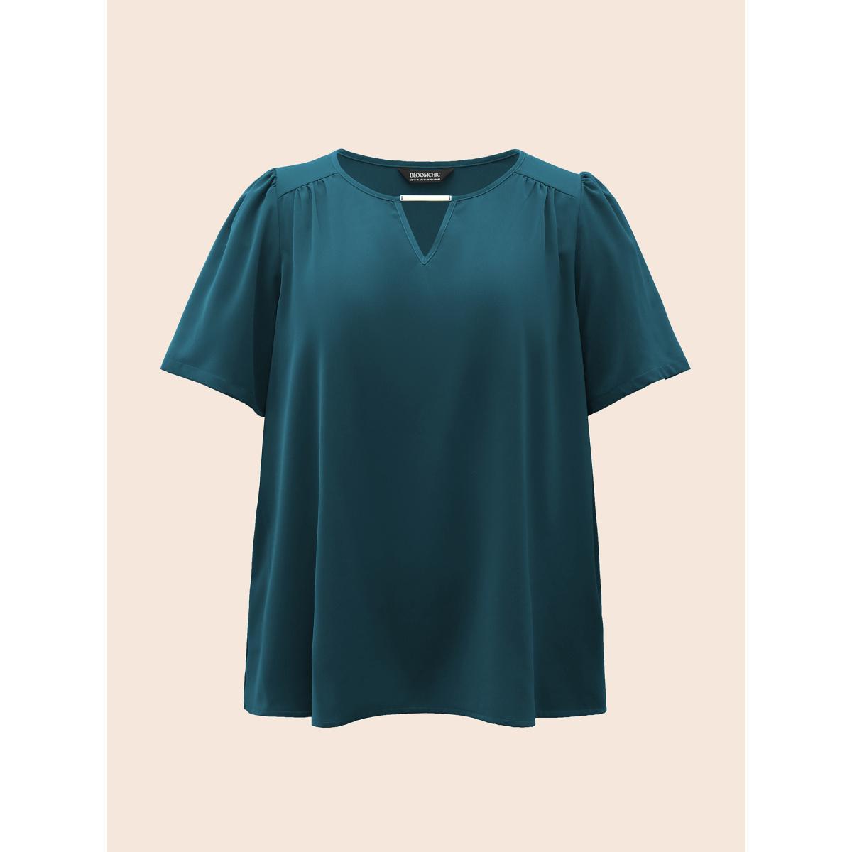 Plus Size Cyan Anti-Wrinkle Plain Metal Detail Keyhole Neck Blouse Women Office Short sleeve V-neck Work Blouses BloomChic 18-20/2X Product Image