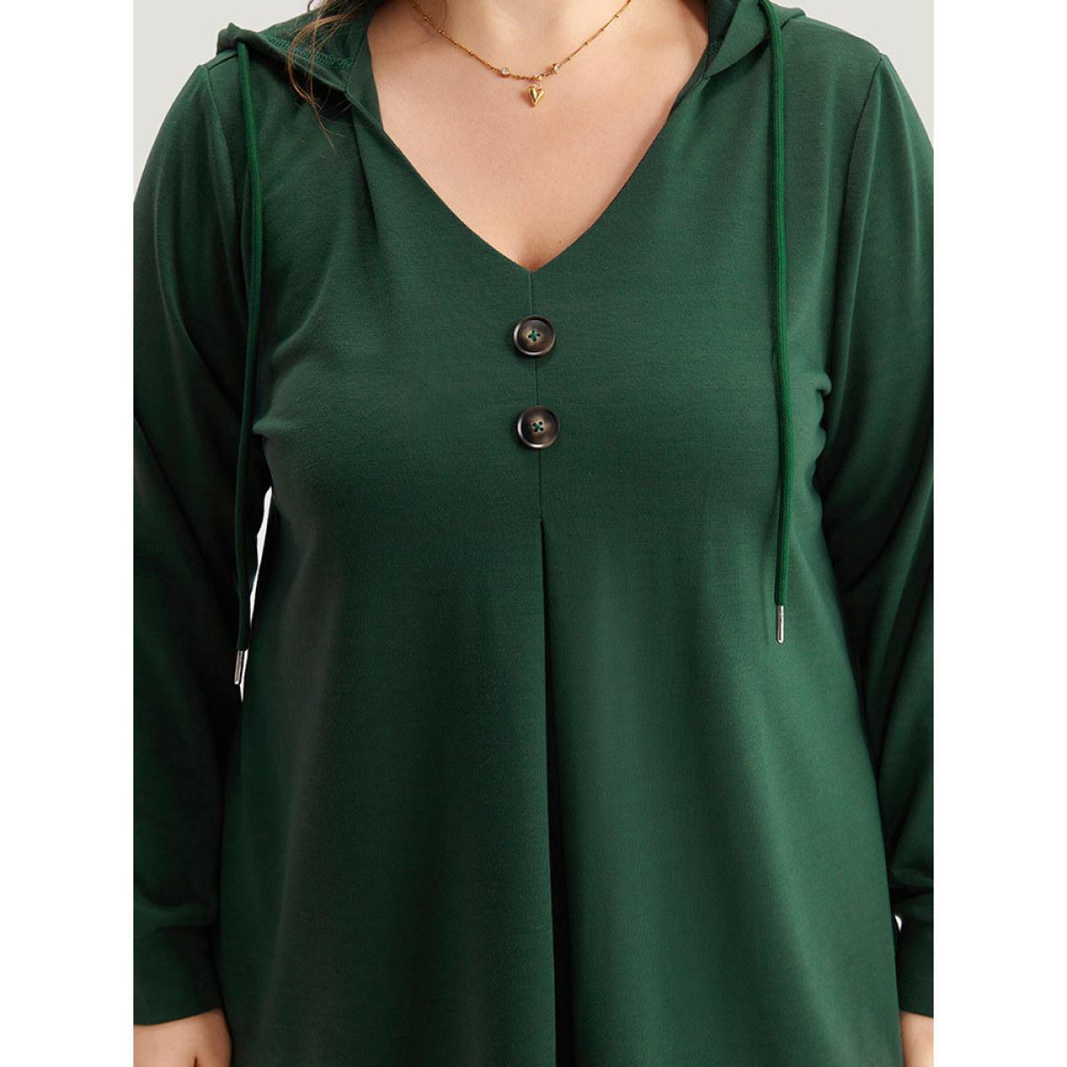 Plus Size Hooded Button Detail Plicated Detail Sweatshirt Women DarkGreen Casual Plain Hooded Everyday Sweatshirts BloomChic 18-20/2X Product Image