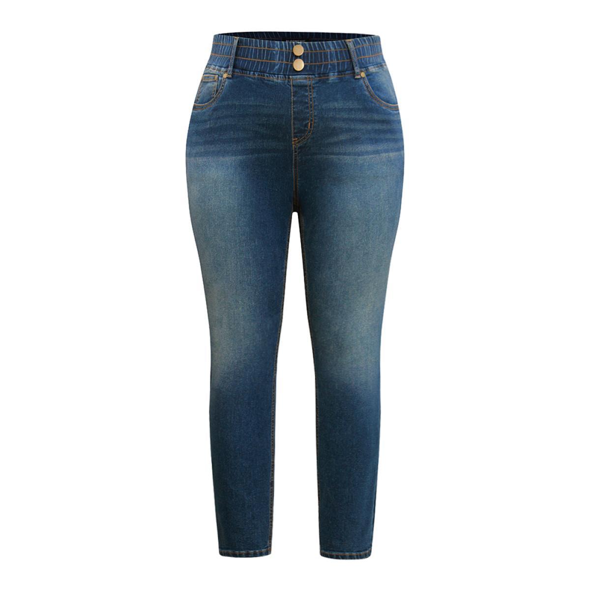 Plus Size Elastic Waist Button Detail Skinny Medium Wash Jeans Women Indigo Casual Plain Plain High stretch Pocket Jeans BloomChic 24/3X Product Image