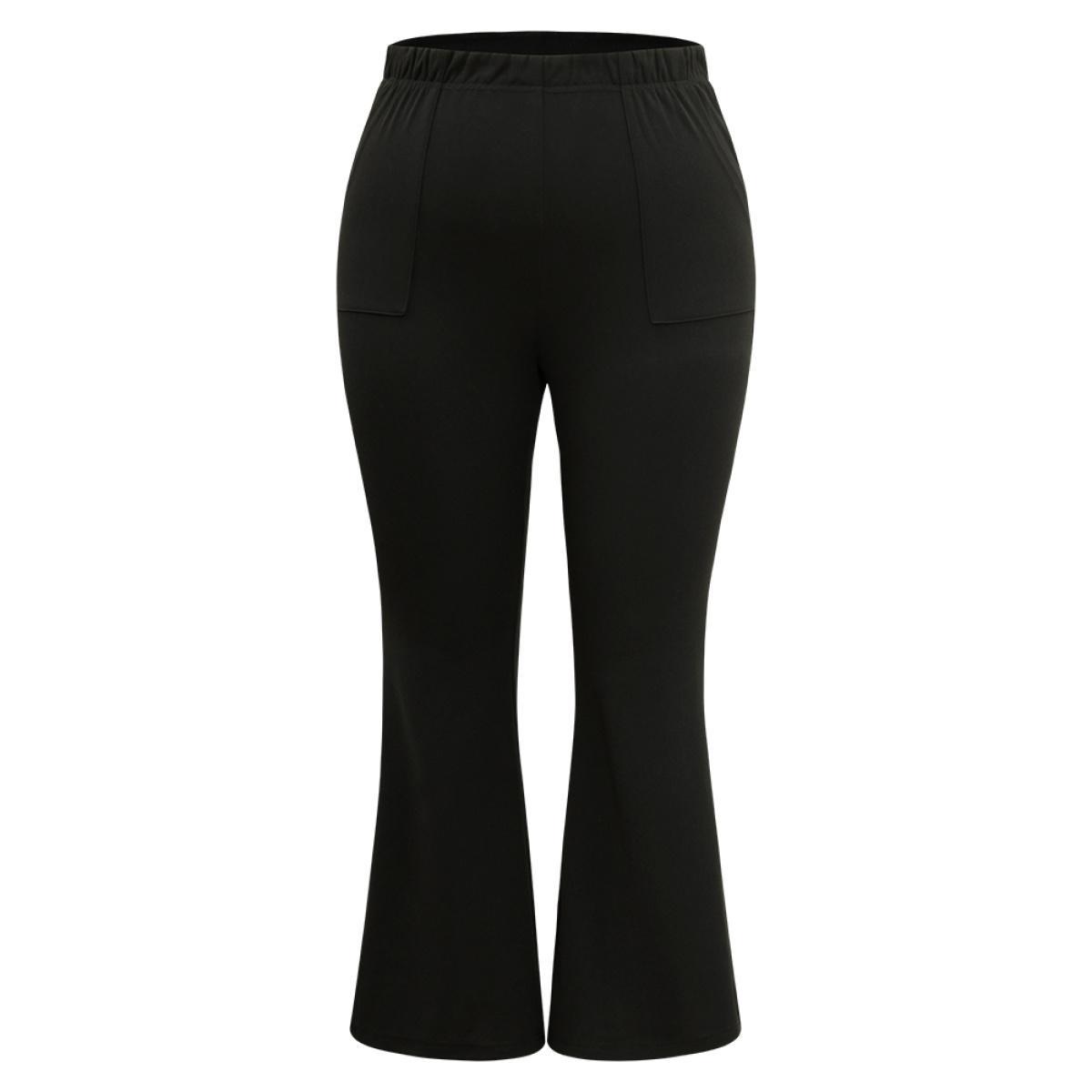 Plus Size Solid Pocket Flare Leg Elastic Waist Pants Women Black At the Office Flare Leg High Rise Work Pants BloomChic 14-16/1X Product Image