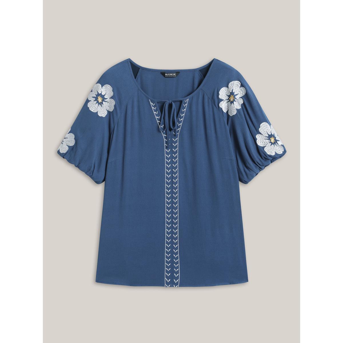 Plus Size DarkBlue Floral Embroidery Textured Neck Tie Blouse Women Half Sleeve Flat collar with V-notch Everyday-Elegant Blouses BloomChic 30/6X Product Image