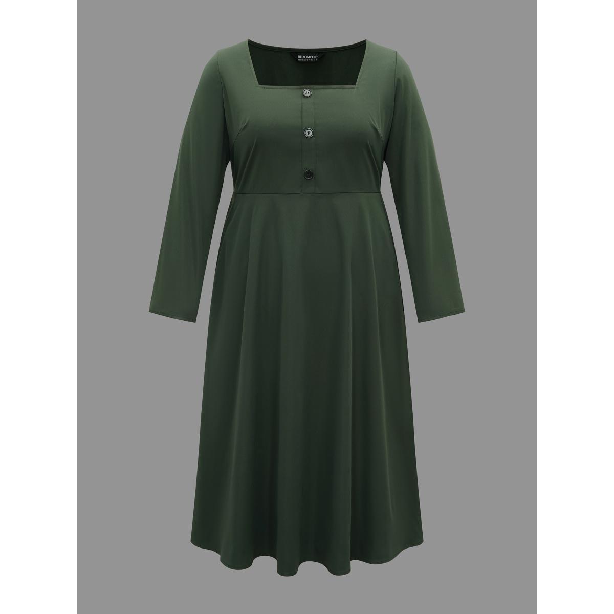 Plus Size Square Neck Plain Button Detail Dress DarkGreen Women At the Office Button Square Neck Long Sleeve Curvy BloomChic 28/5X Product Image