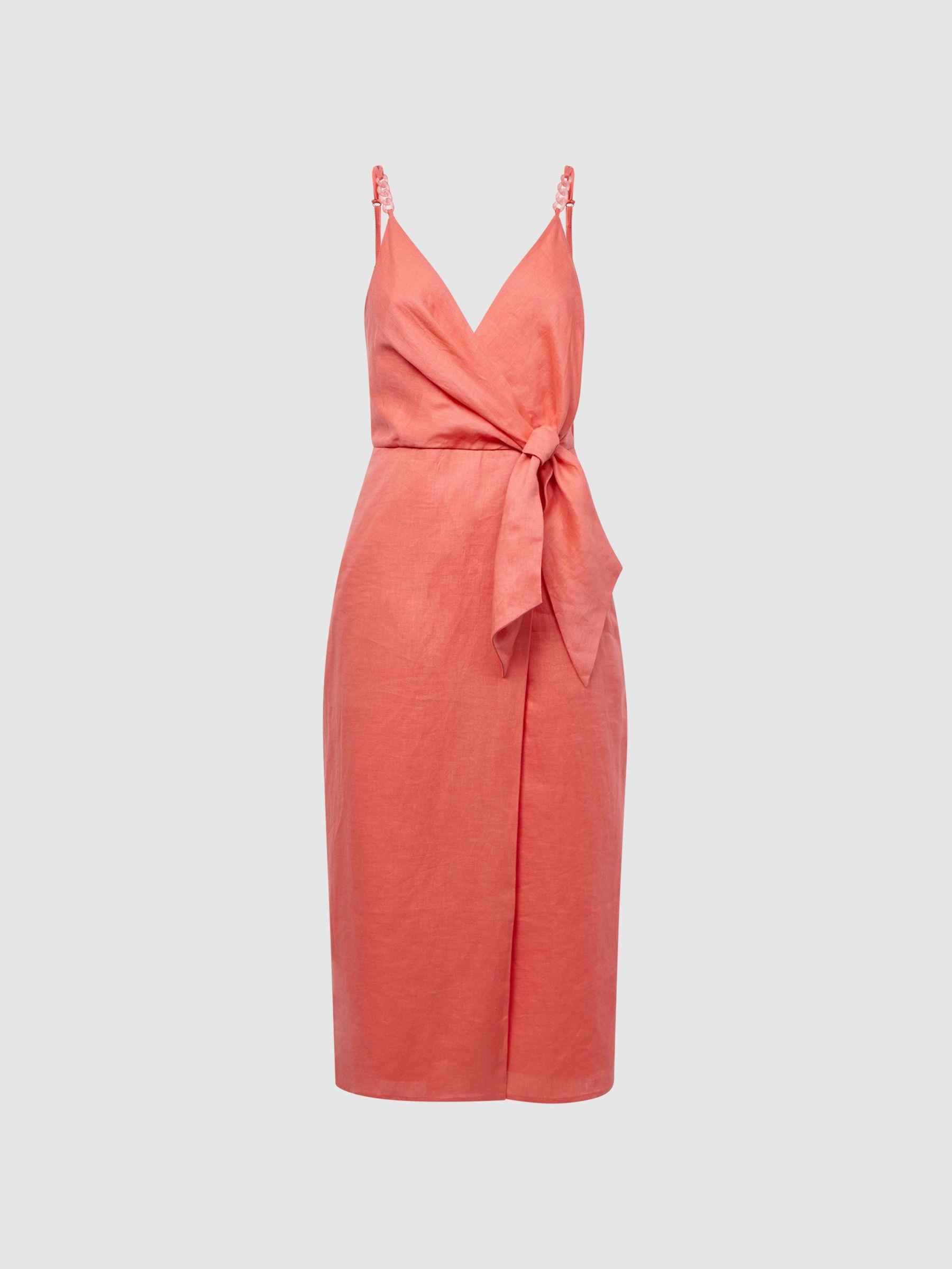 Linen Side Tie Midi Dress in Coral Product Image