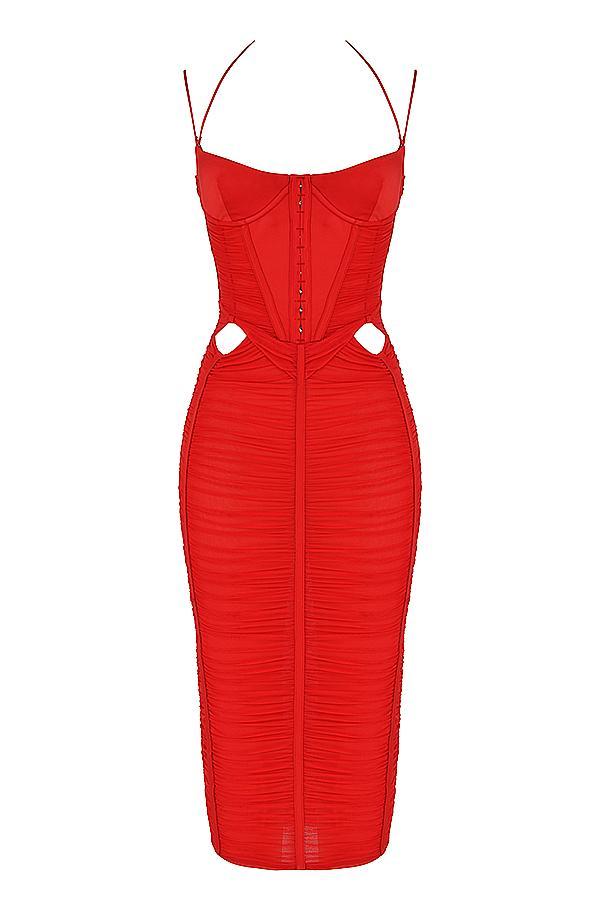 Maya Scarlet Ruched Midi Dress Product Image