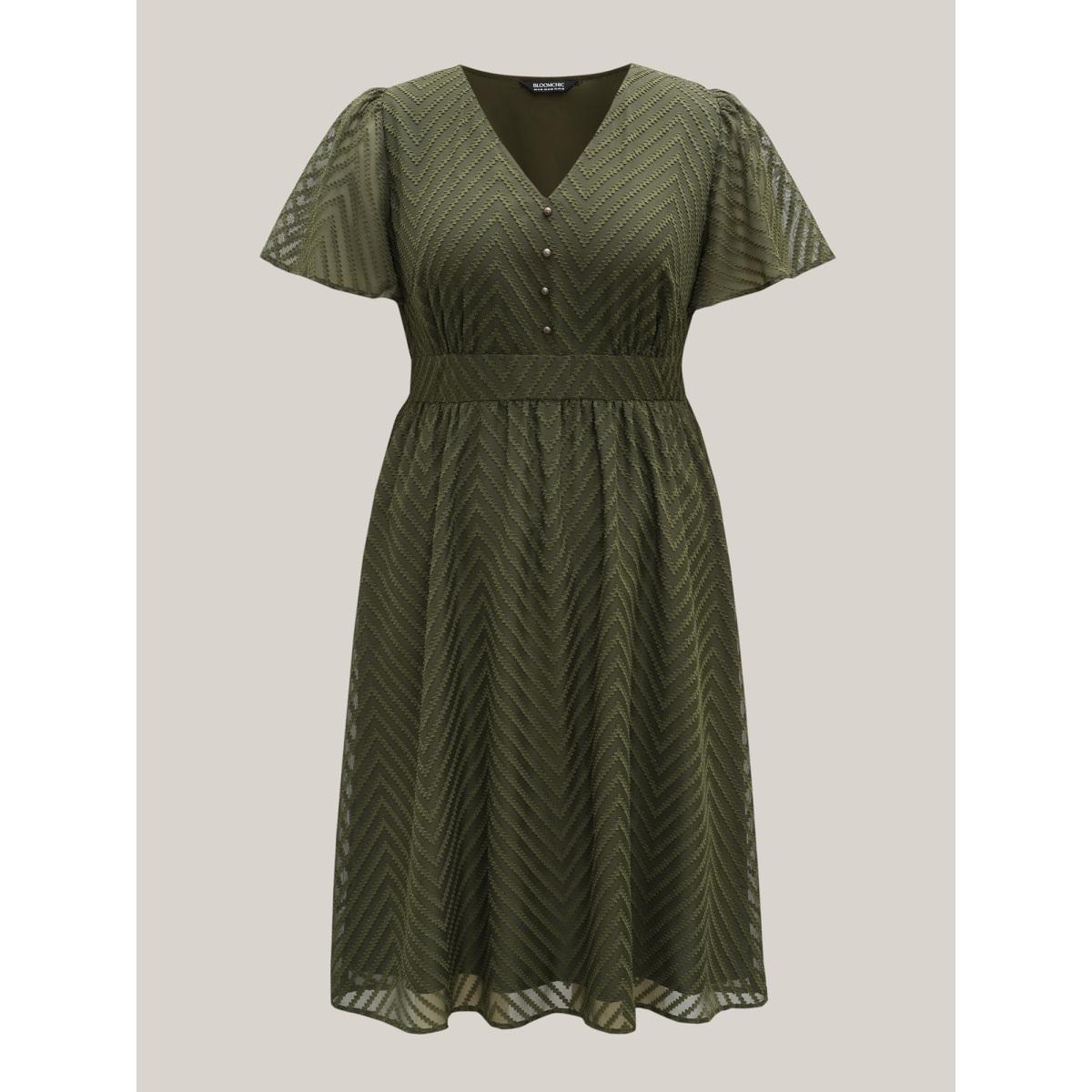 Plus Size Textured Woven-Like Cinched-Waist Midi Dress ArmyGreen Women V-neck Short sleeve Curvy BloomChic 28/5X Product Image