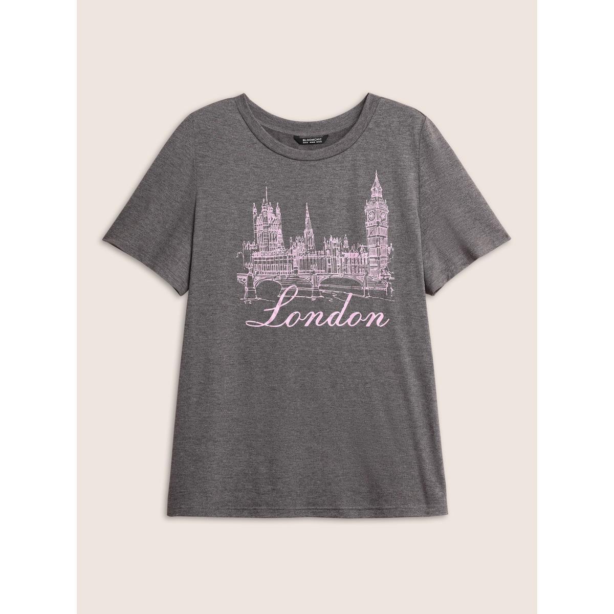 Plus Size City Print Heather Crew Neck T-shirt Gray Women Elegant Contrast Area Everyday T-shirts BloomChic 30/6X Product Image