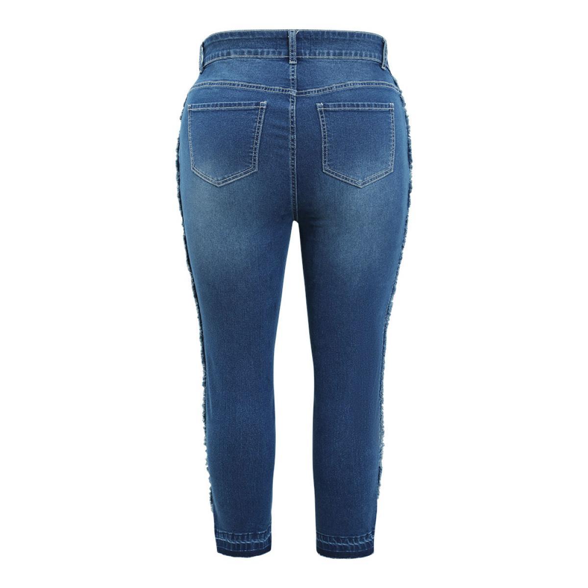 Plus Size Very Stretchy High Rise Medium Wash Raw Trim Jeans Women Blue Casual Plain Distressed High stretch Jeans BloomChic 18/2X Product Image