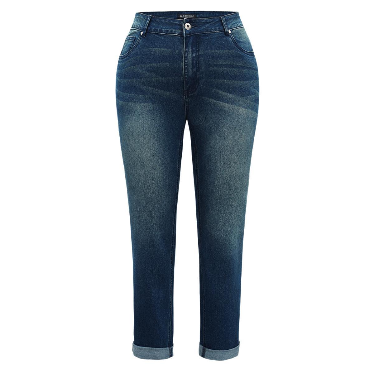 Plus Size Very Stretchy Straight Leg Roll Hem Jeans Women Aegean Casual Plain Plain High stretch Pocket Jeans BloomChic 12/L Product Image