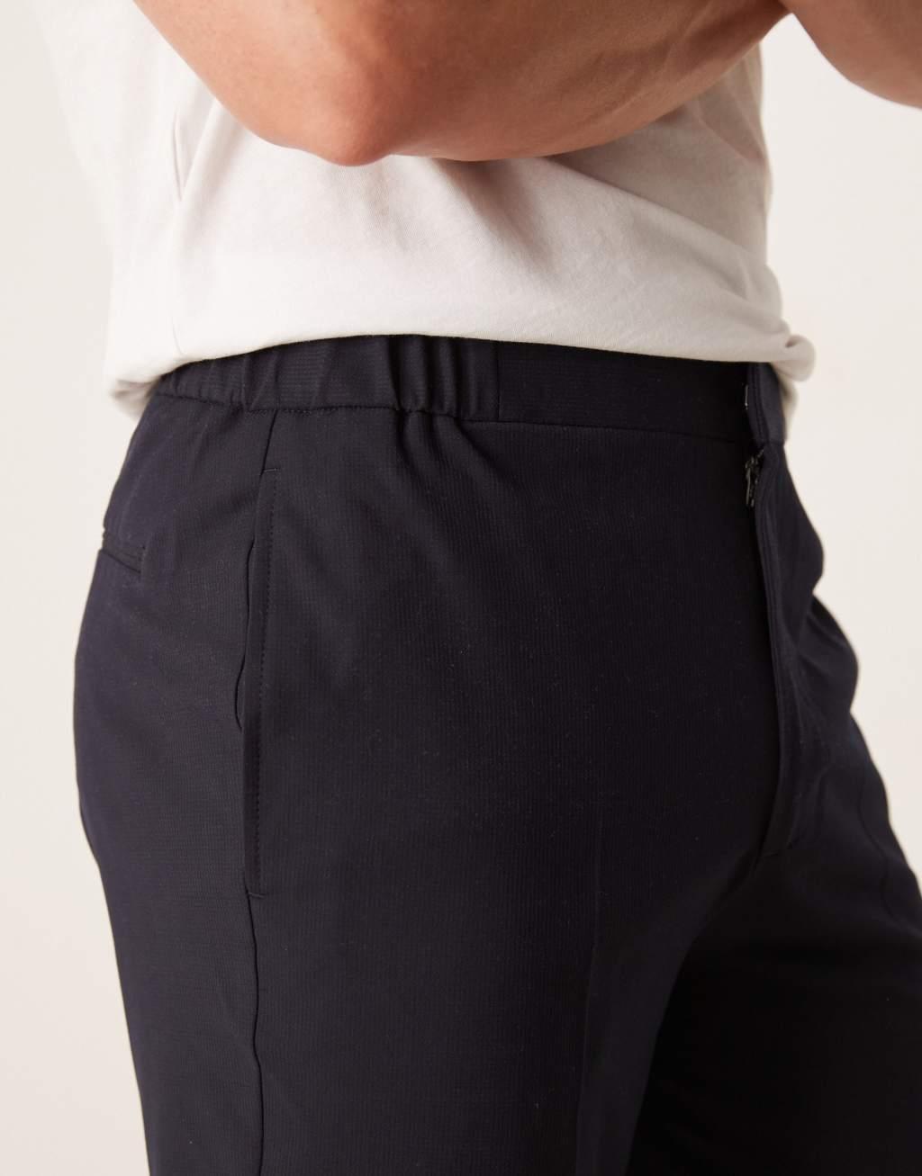 ASOS DESIGN smart tapered fit chino pants with elasticated waistband in navy microtexture Product Image