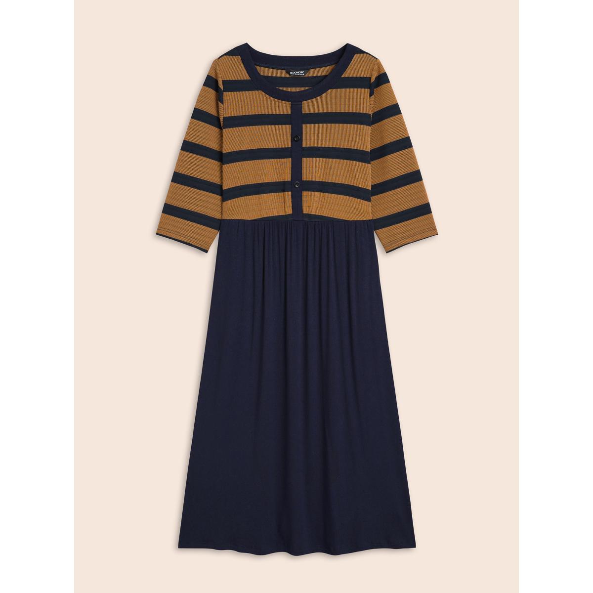 Plus Size Striped Contrast Elastic Waist Dress Yellowishbrown Women Casual Contrast Round Neck Elbow-length sleeve Curvy BloomChic 14-16/1X Product Image