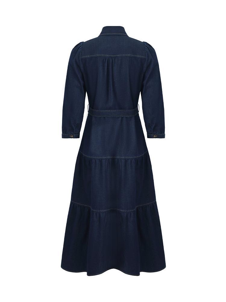 Denim Gathered Waist Women Midi Dress With Belt Product Image