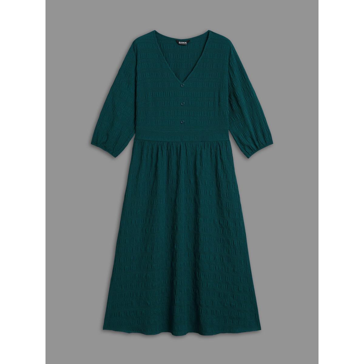 Plus Size Textured Waist-Defined Button Midi Dress Emerald Women Elegant Texture V-neck Elbow-length sleeve Curvy BloomChic 14-16/1X Product Image