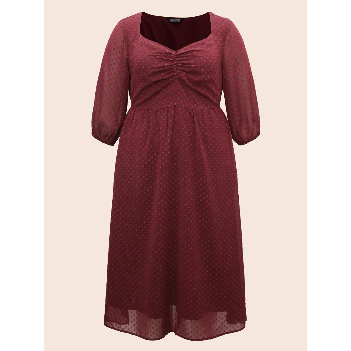 Plus Size Plain Textured Ruched Lantern Sleeve Dress Scarlet Women Elegant Heart neckline Elbow-length sleeve Curvy BloomChic 28/5X Product Image