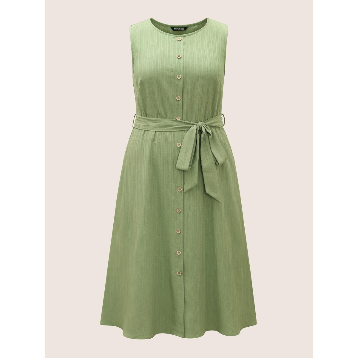 Plus Size Plain Textured Crew Neck Button Detail Midi Dress Palemauve Women Work From Home Belted Round Neck Sleeveless Curvy BloomChic 28/5X Product Image