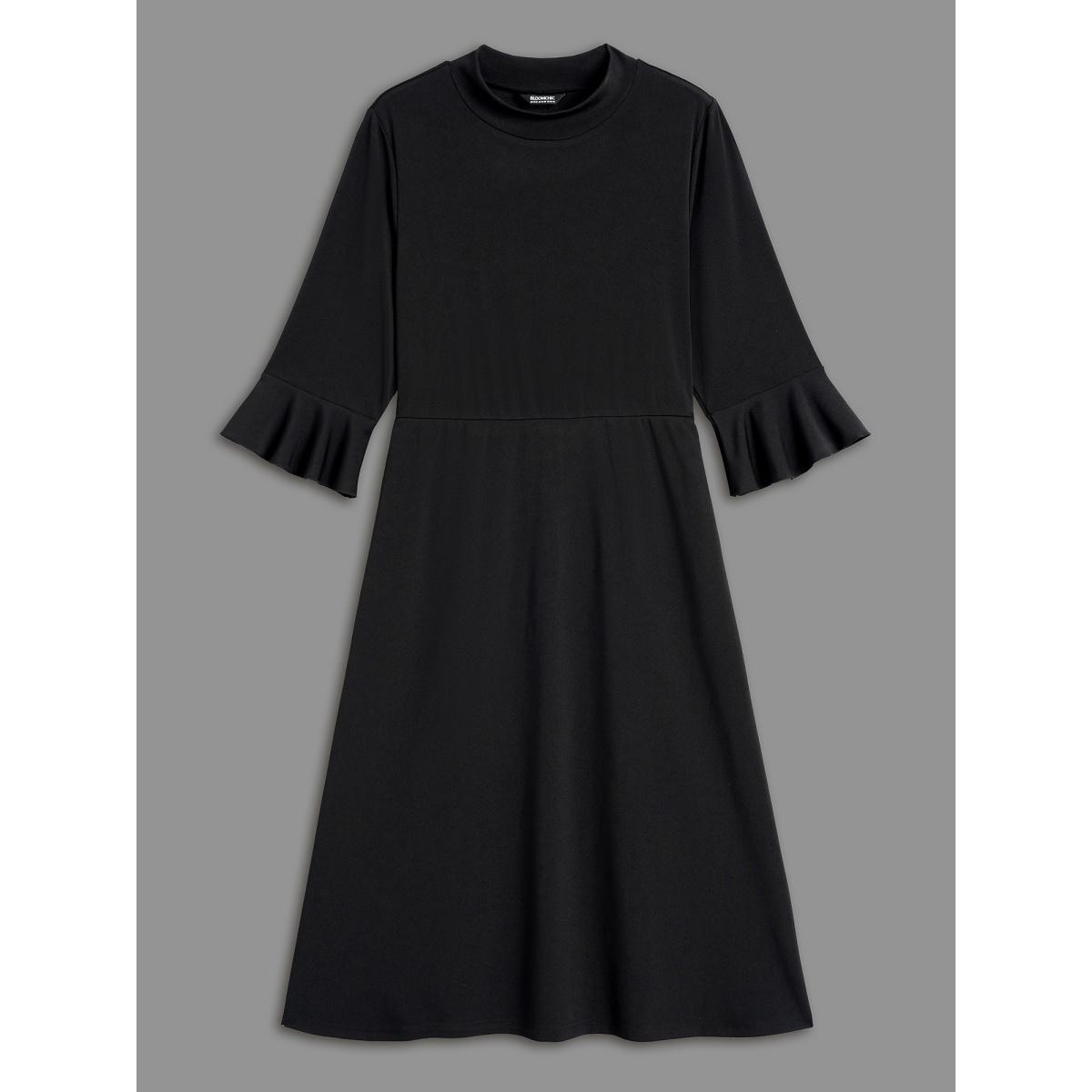 Plus Size Mock Neck Flutter Sleeve Knit Dress Black Women At the Office Ruffles Knit Dresses Bloomchic 14-16/1X Product Image