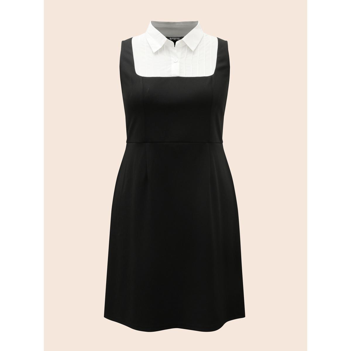 Plus Size Contrast Patchwork Tucked Seam Sleeveless Dress Black Women Elegant Tucked seam Shirt collar Sleeveless Curvy BloomChic 10/M Product Image