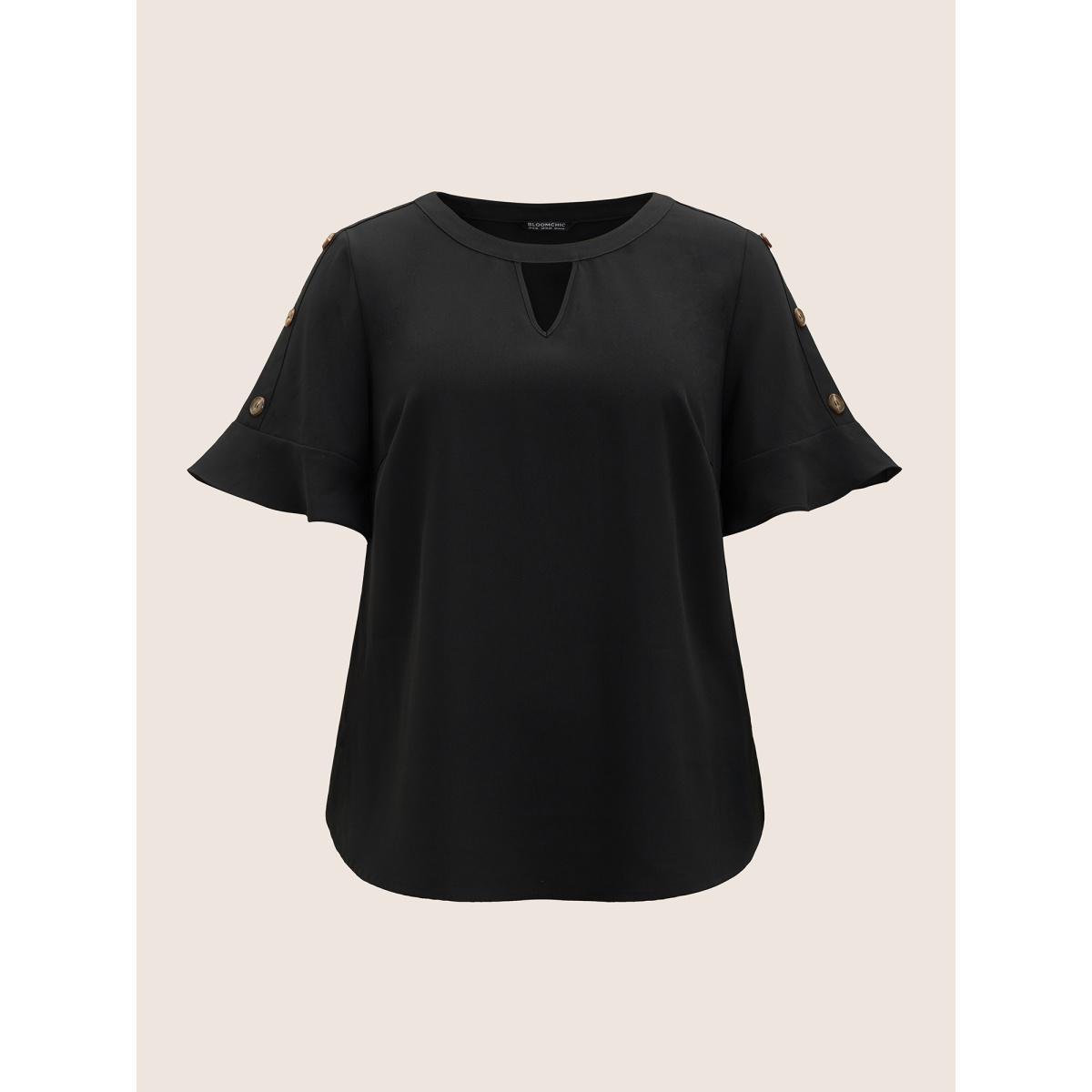 Plus Size Black Solid Cut Out Ruffles Button Detail Blouse Women Work From Home Short sleeve Round Neck Work Blouses BloomChic 18-20/2X Product Image