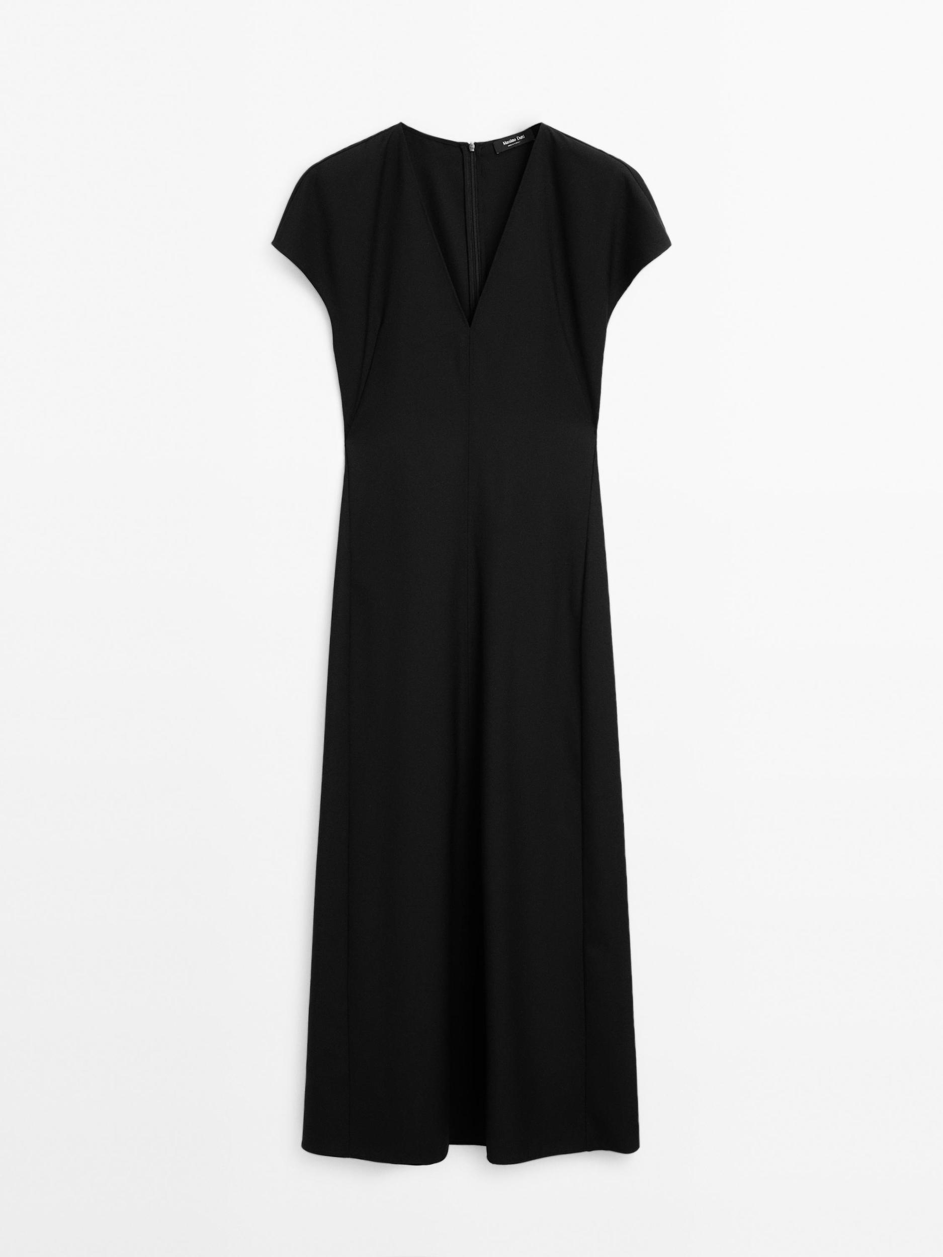 Long wool blend V-neck dress Product Image