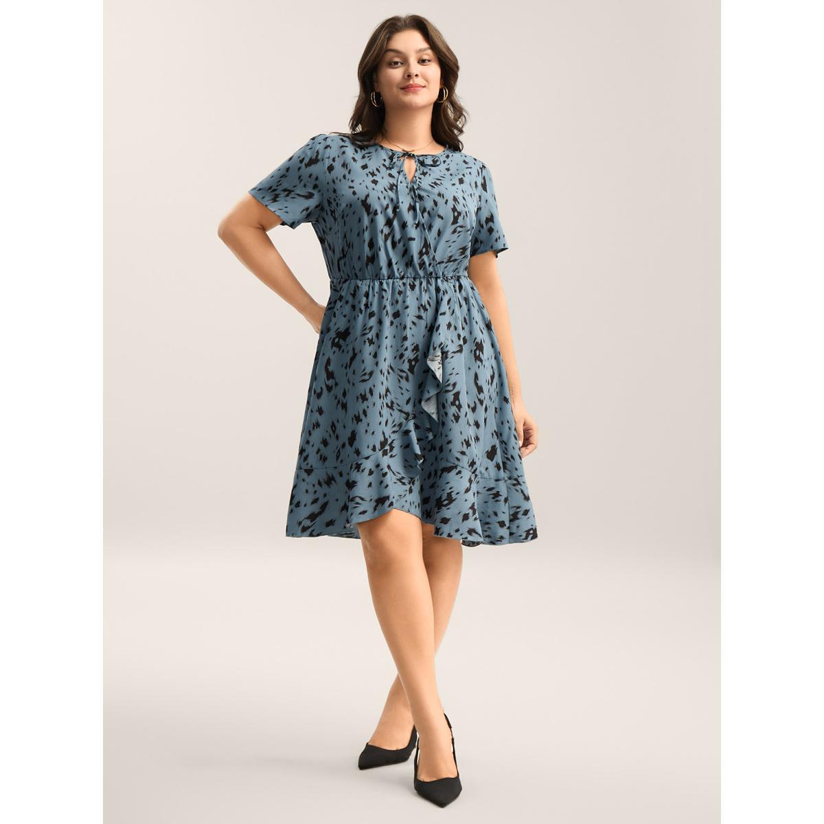 Plus Size Leopard Print Faux Wrap Ruffled Midi Dress Skyblue Women Overlap Collar Short sleeve Curvy BloomChic 28/5X Product Image