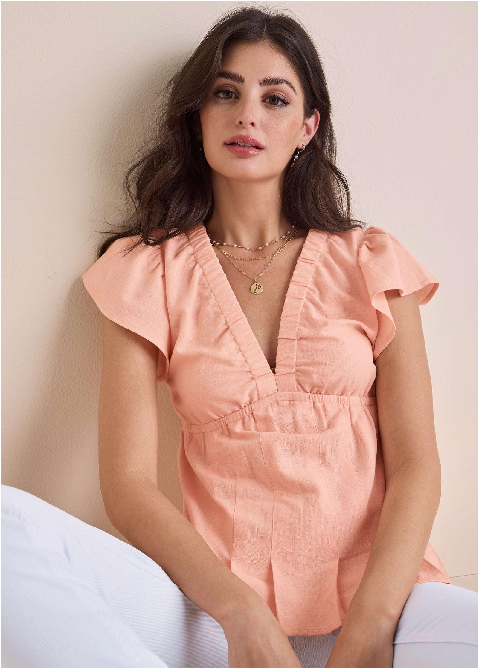 Linen V-Neck Blouse - Peach Product Image