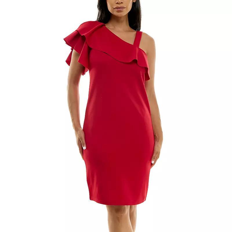 Women's Nina Leonard One-Shoulder Ruffled Dress, Size: Large, Black Product Image