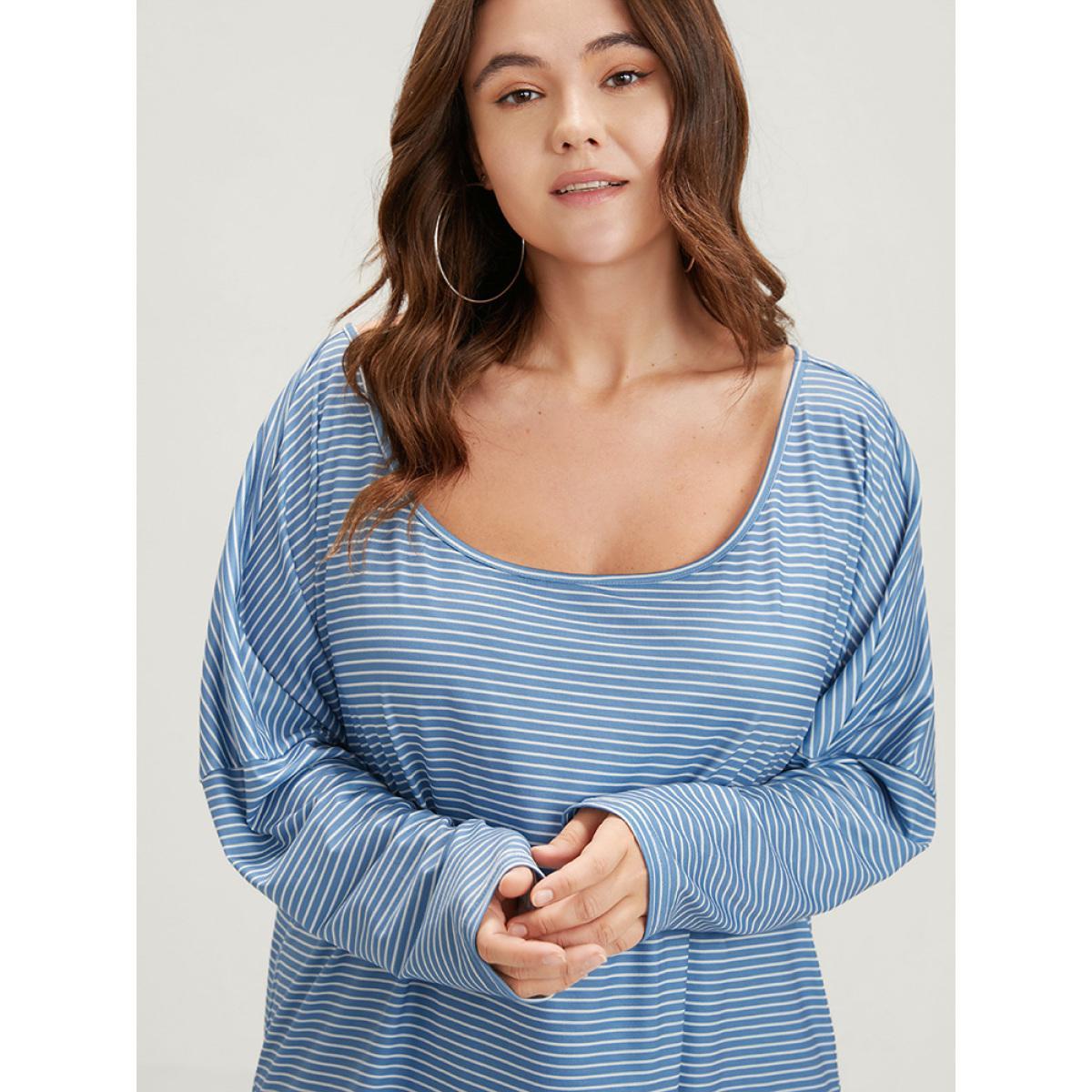 Plus Size Striped Print Scoop Neck Long Tee Blue Women Casual Striped Scoop Neck Loose Dailywear T-shirts BloomChic 30/6X Product Image