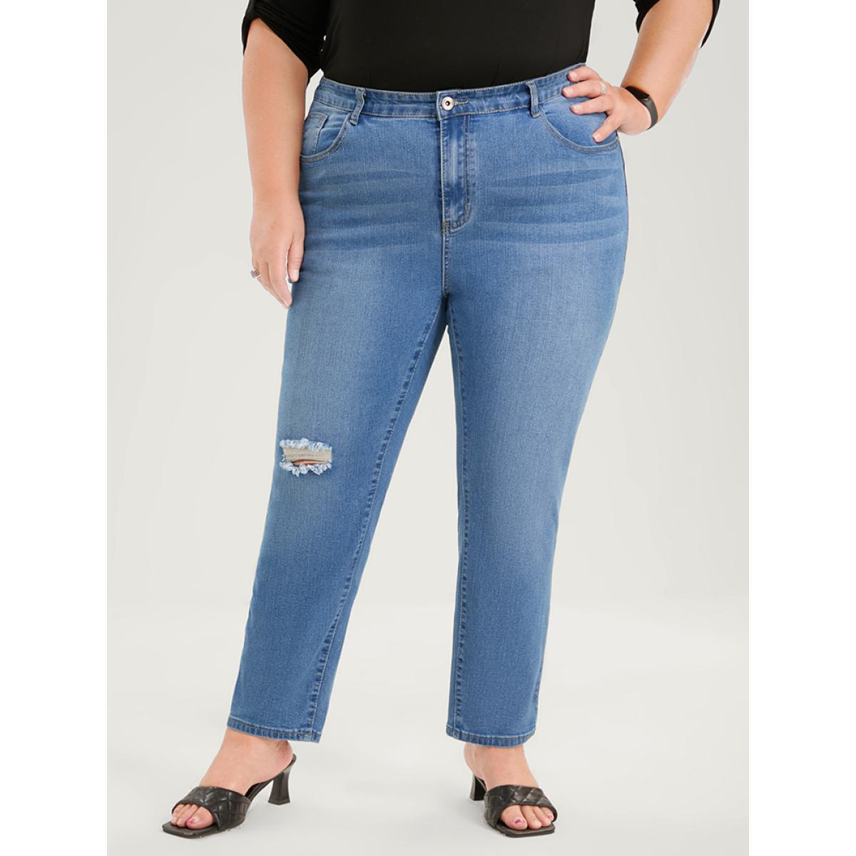 Plus Size Skinny Very Stretchy High Rise Medium Wash Distressed Ankle Jeans Women Blue Casual Plain Plain High stretch Pocket Jeans BloomChic 22/3X Product Image