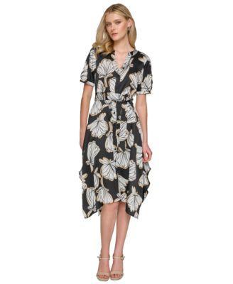 Karl Lagerfeld Paris Womens Printed Button-Front Tie-Waist Dress Product Image