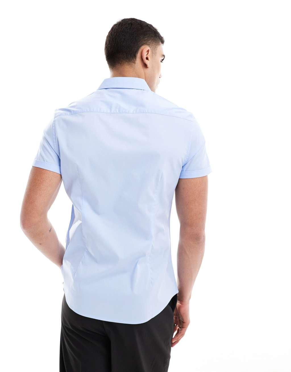 ASOS DESIGN 2 pack stretch slim fit work shirt in white/blue Product Image