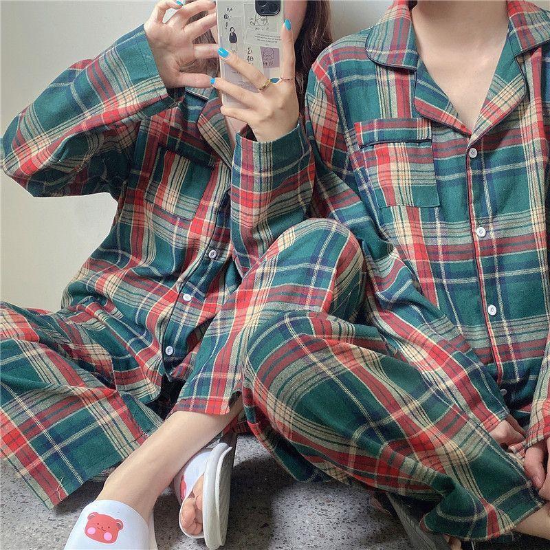 Couple Matching Pajama Set: Plaid Top + Pants Product Image