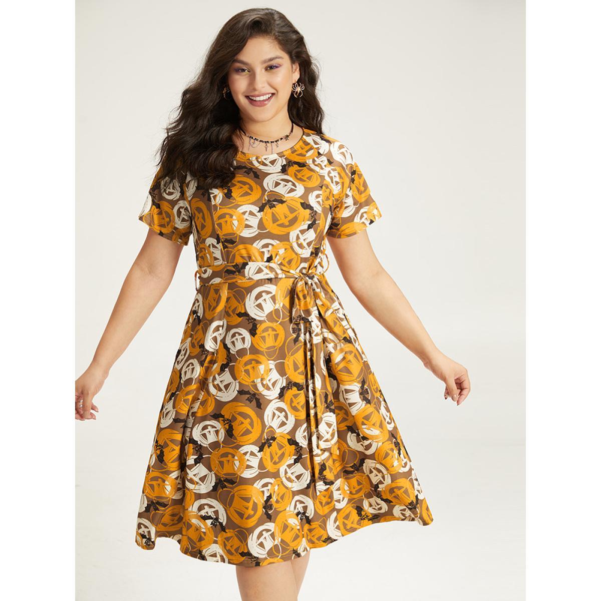 Plus Size Halloween Print Crew Neck Pocket Belted Dress Orange Women Elegant Belted Round Neck Short sleeve Curvy Midi Dress BloomChic 28/5X Product Image