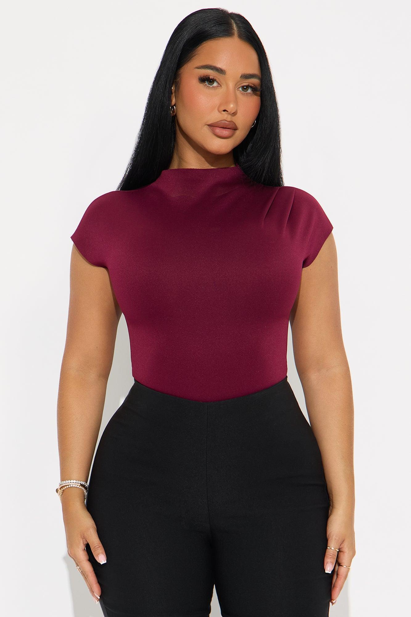 Fern Short Sleeve Mock Neck Bodysuit - Burgundy Product Image