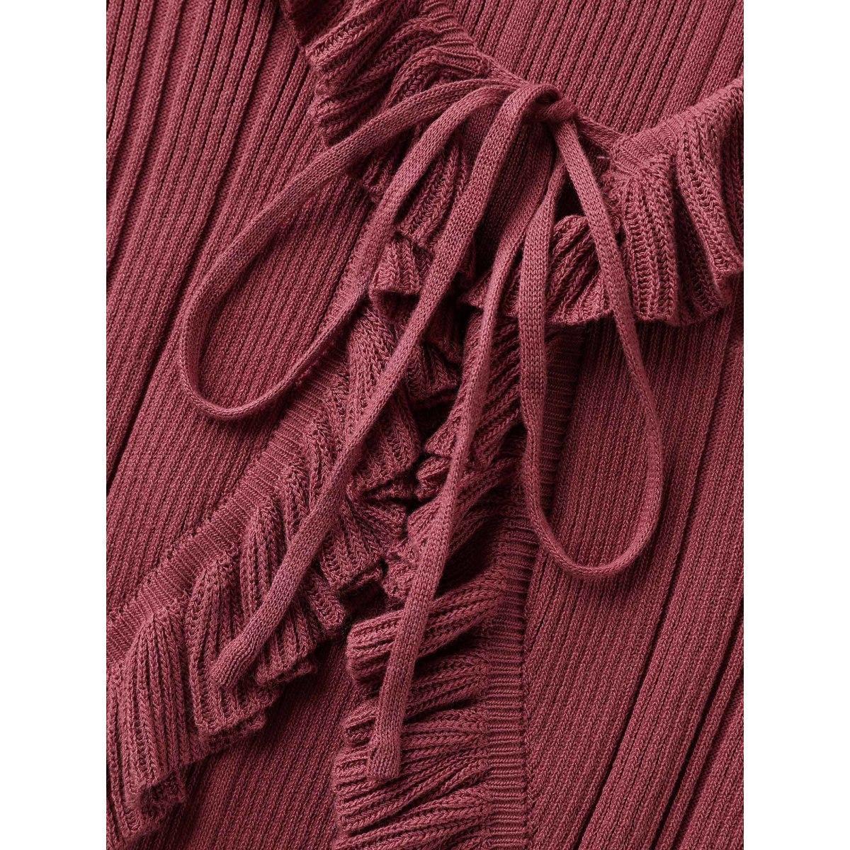 Plus Size Ruffled Edged Front Tie Knit Cardigan Rust Women Bodycon Long Sleeve Everyday-Elegant Cardigans BloomChic 22-24/3X Product Image
