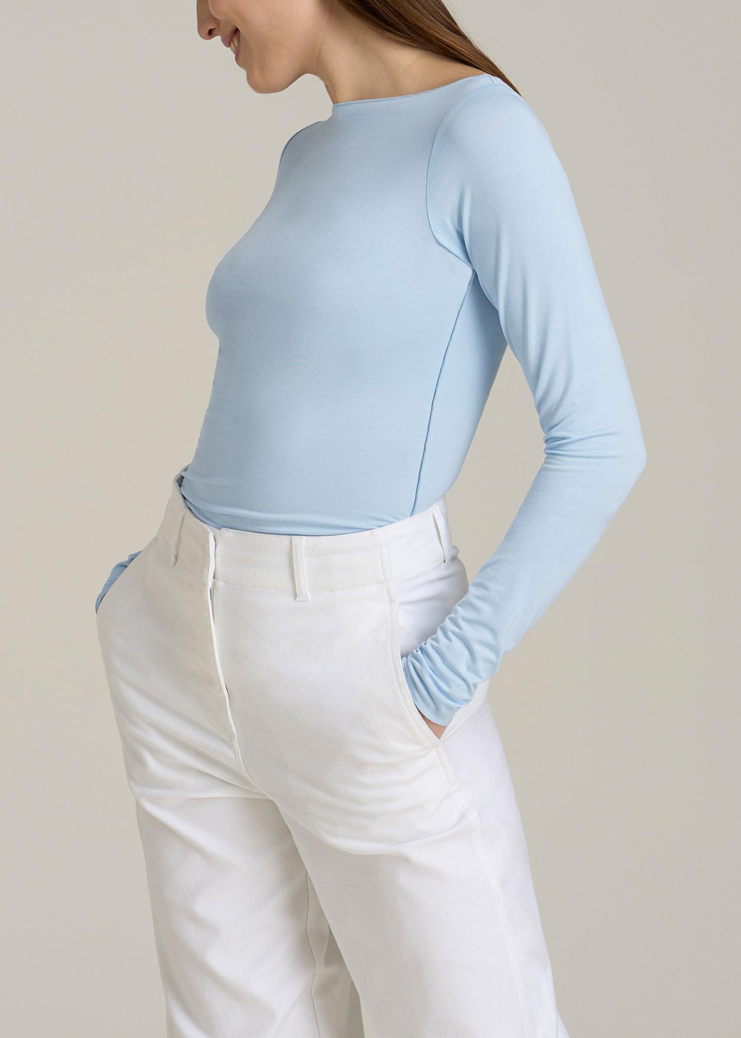 Boatneck Long Sleeve Exposed Seam Top for Tall Women in Ice Blue Product Image