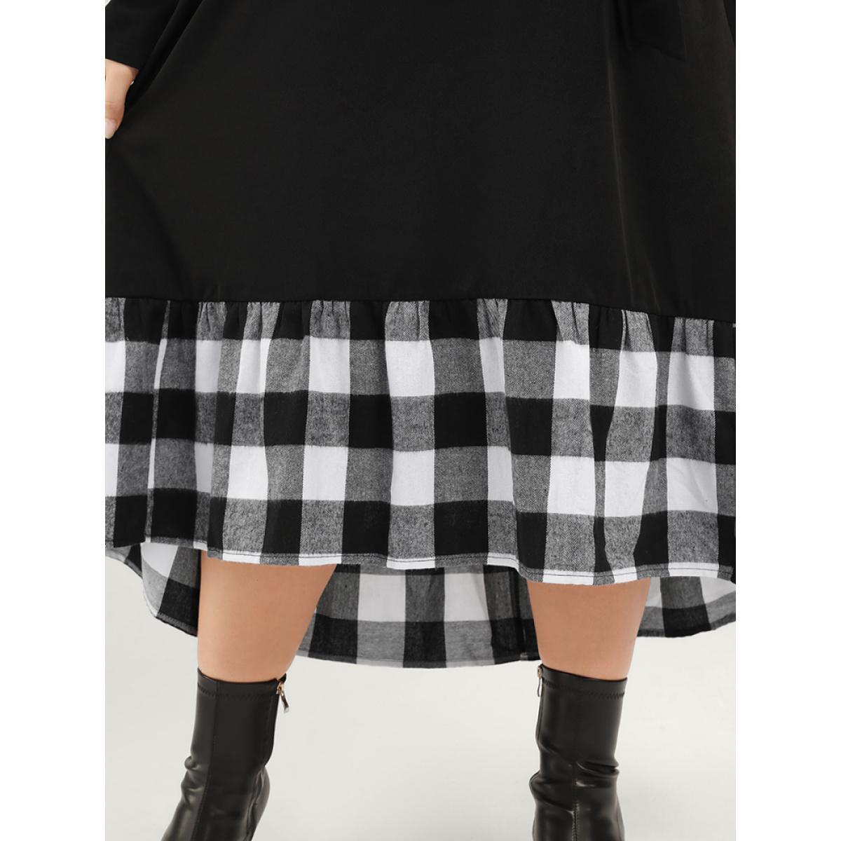 Plus Size Plaid Patchwork Pocket Belted Asymmetrical Hem Dress Black Women Elegant Belted Round Neck Long Sleeve Curvy Midi Dress BloomChic 10/M Product Image