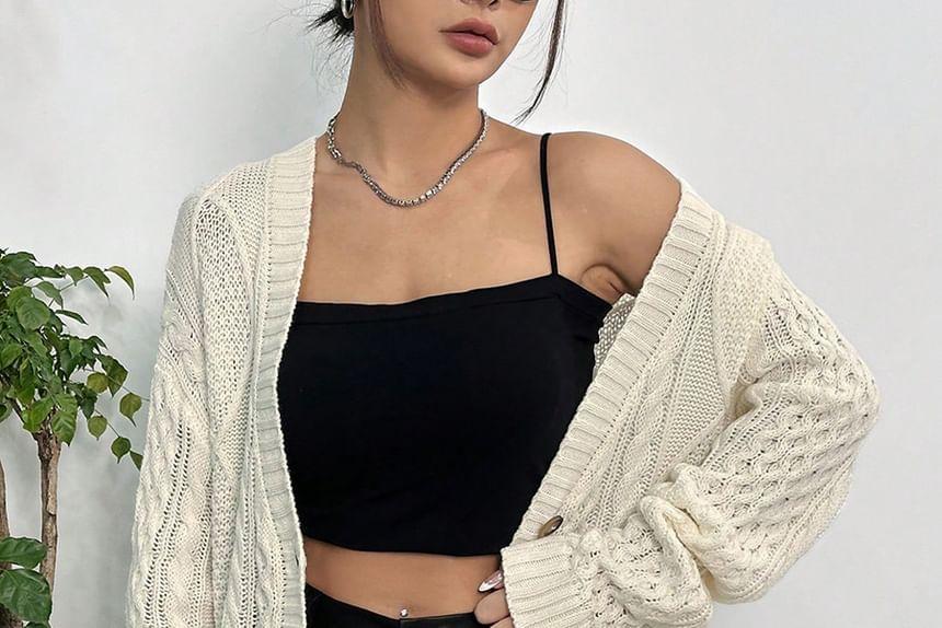 Button-Up Cable Knit Plain Cardigan Product Image