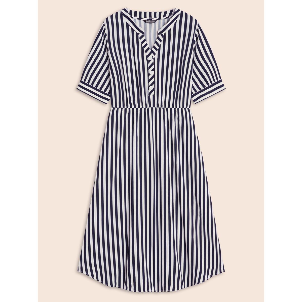 Plus Size Striped Notched Button Detail Midi Dress Navy Women At the Office Button Flat collar with V-notch Half Sleeve Curvy BloomChic 10/M Product Image