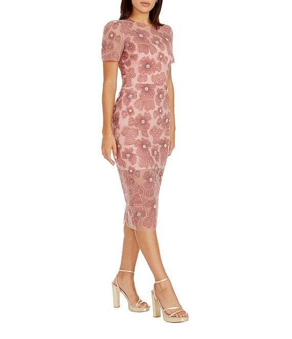 Dress the Population Lia Floral Mesh Crew Neck Short Sleeve Midi Dress Product Image