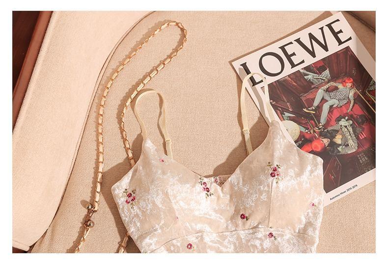 V-Neck Velvet Floral Embroidery Crop Camisole Top Product Image