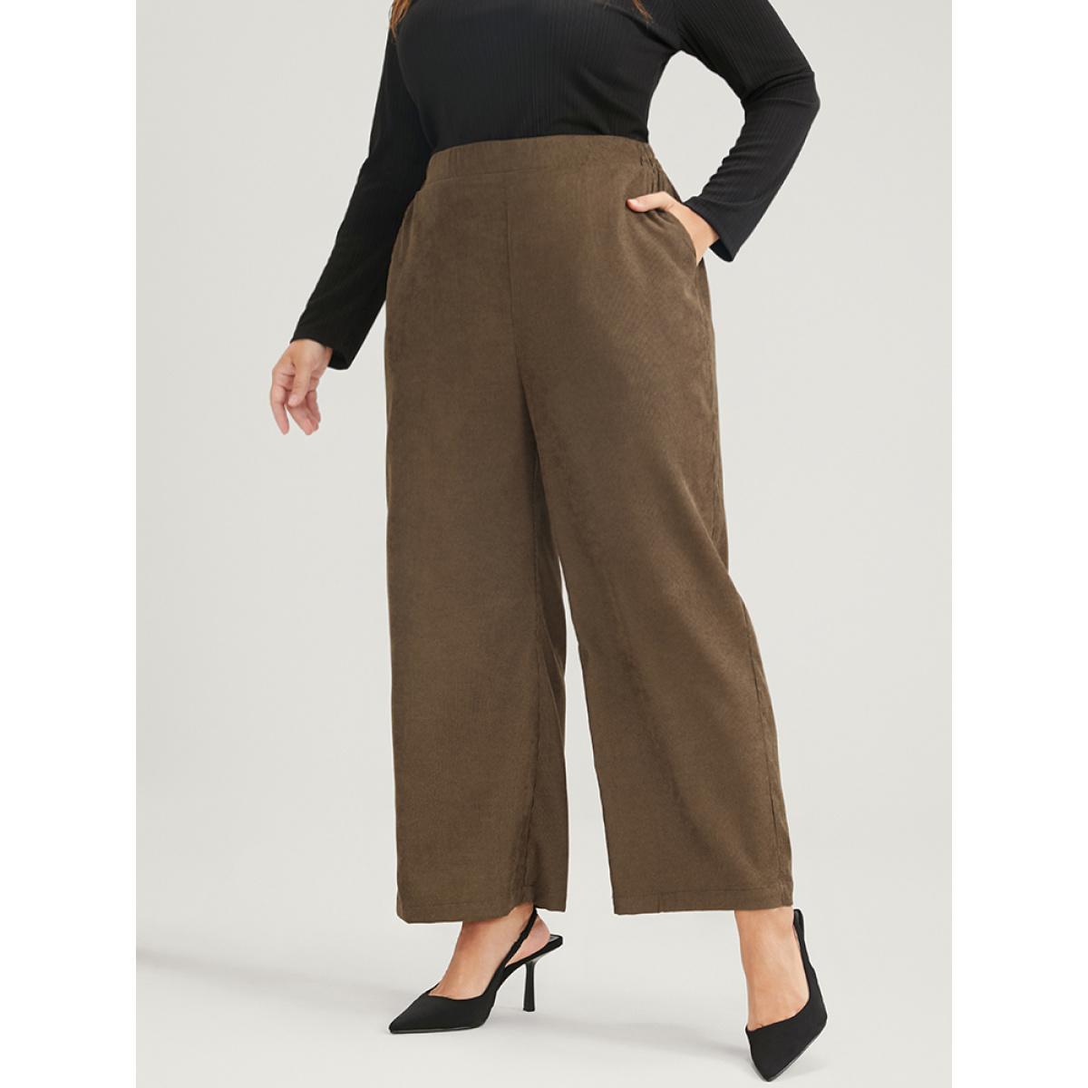 Plus Size Solid Pocket Elastic Waist Corduroy Pants Women Tan Office Mid Rise Work Pants BloomChic 30/6X Product Image