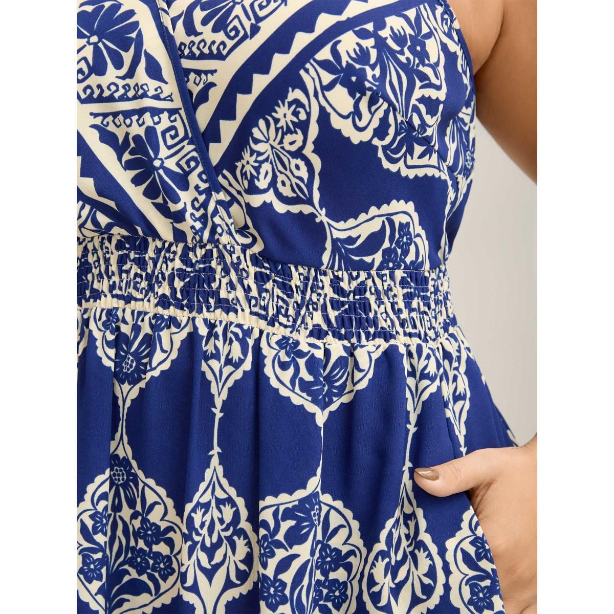 Plus Size Boho Print Shirred Pockets Midi Dress DarkBlue Women V-neck Sleeveless Curvy BloomChic 14-16/1X Product Image