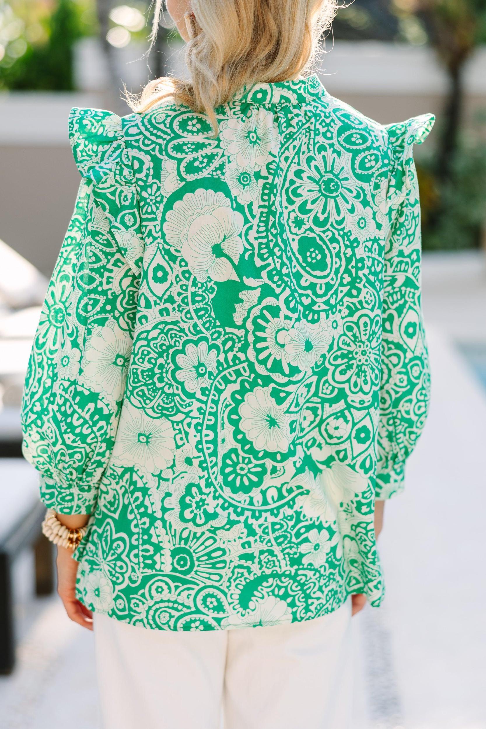 Keep It Up Green Floral Ruffled L/S Blouse Female Product Image