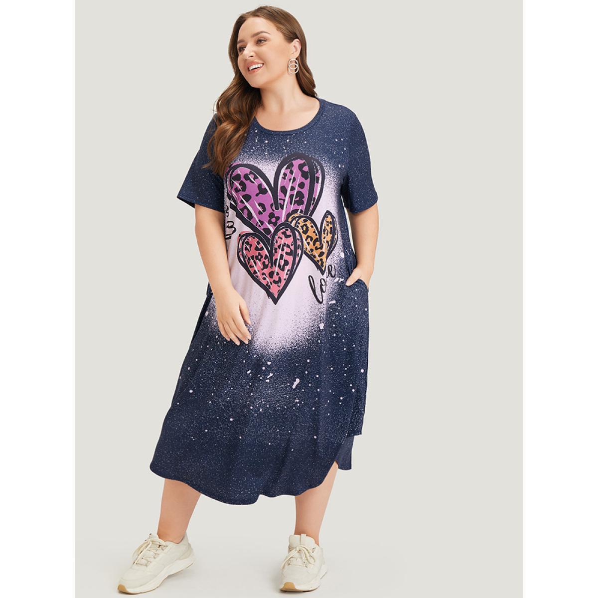 Plus Size Leopard Heart Print Pocket Arc Hem Graphic Tee Dress Stone Women Casual Printed Round Neck Short sleeve Curvy Midi Dress BloomChic 18-20/2X Product Image