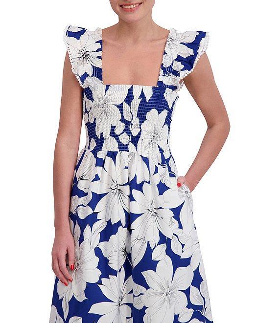 Anne Klein Square Neck Ruffle Shoulder Smocked Floral Printed Poplin Midi Dress Product Image