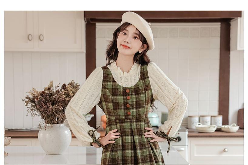 Long Sleeve Round Neck Plaid Mock Two Piece Frill Button Midi A-Line Dress Product Image