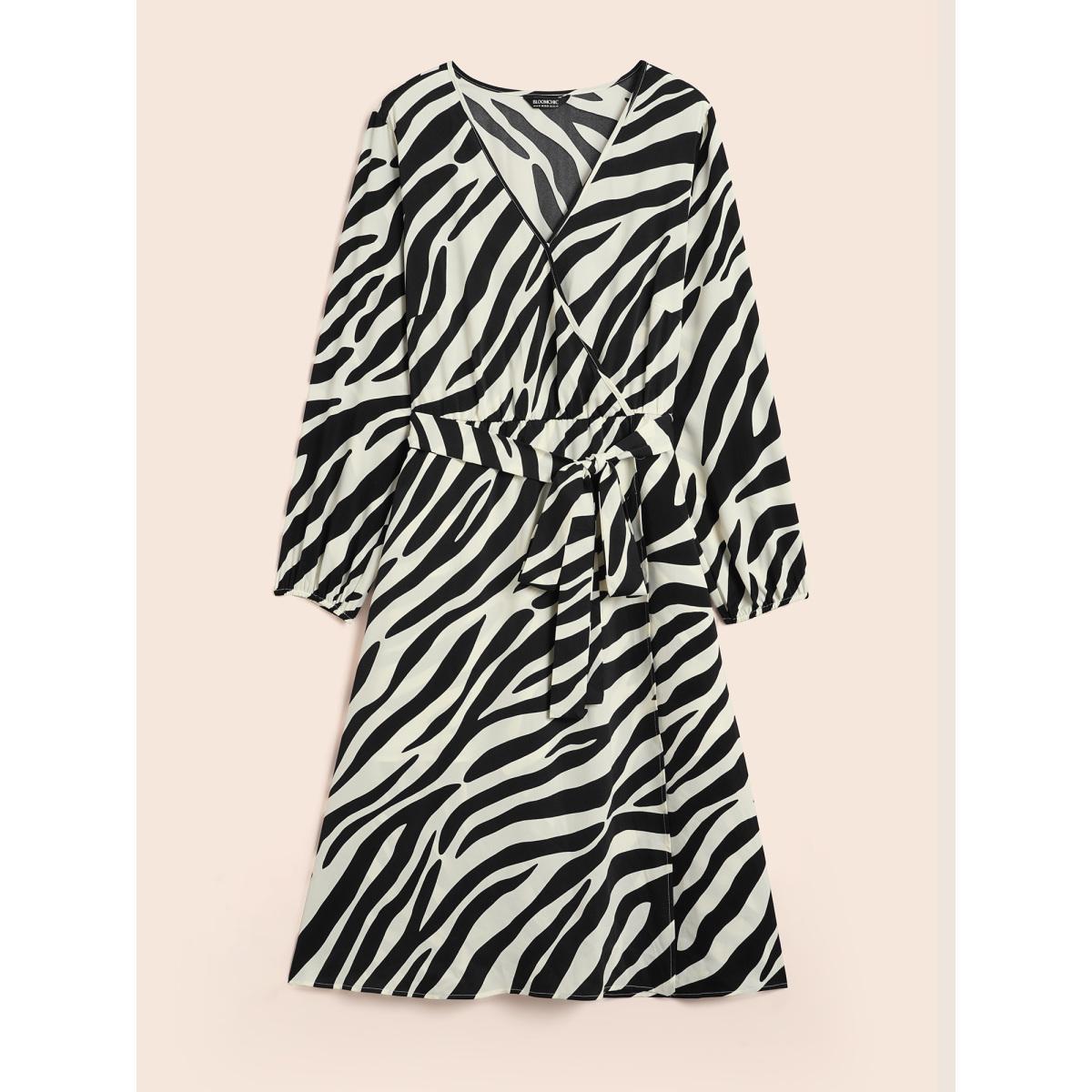 Plus Size Zebra Print Overlap Collar Split Hem Dress Black Women At the Office Belted Overlap Collar Long Sleeve Curvy BloomChic 14-16/1X Product Image