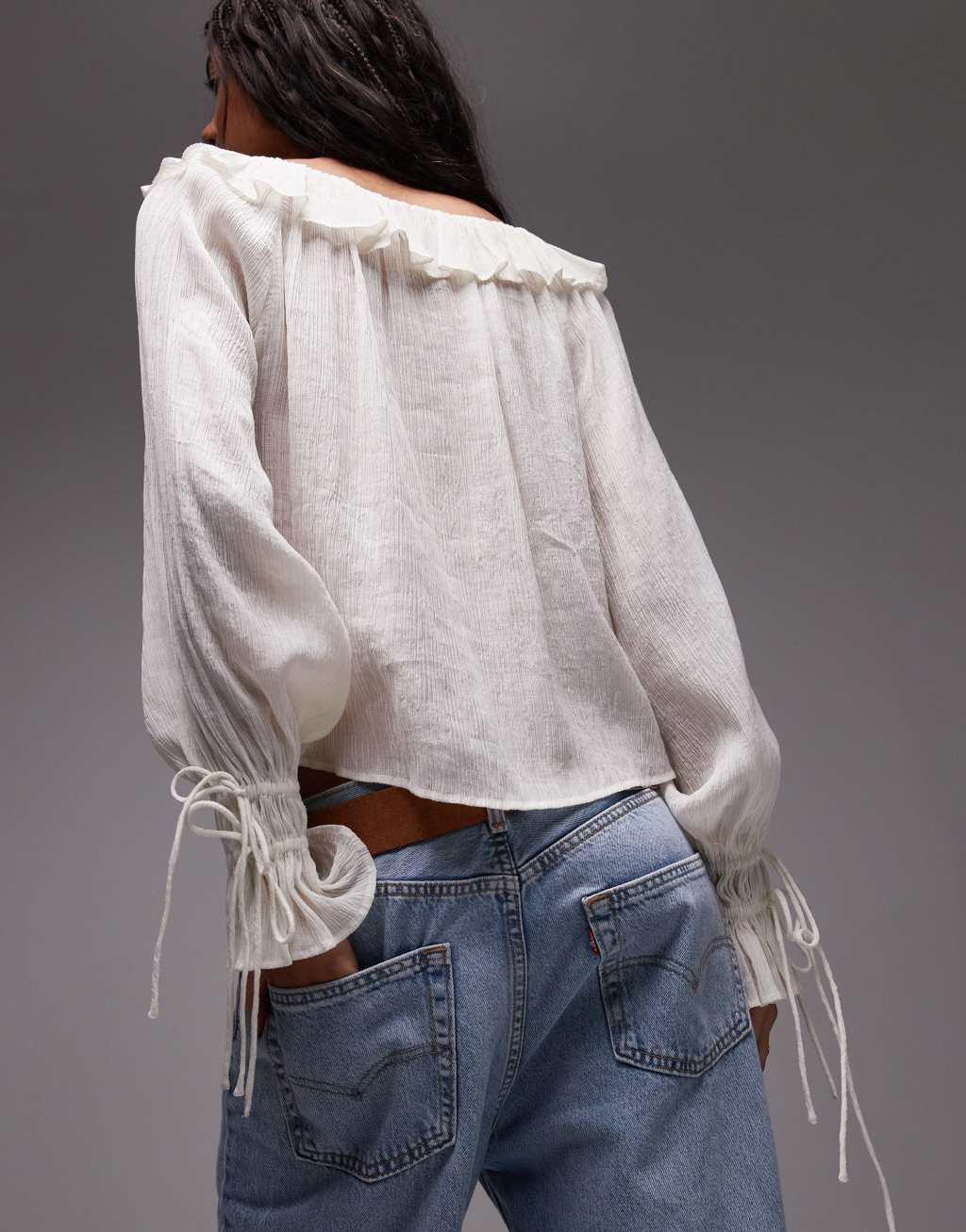 Topshop ruffle neck femme top in ivory Product Image