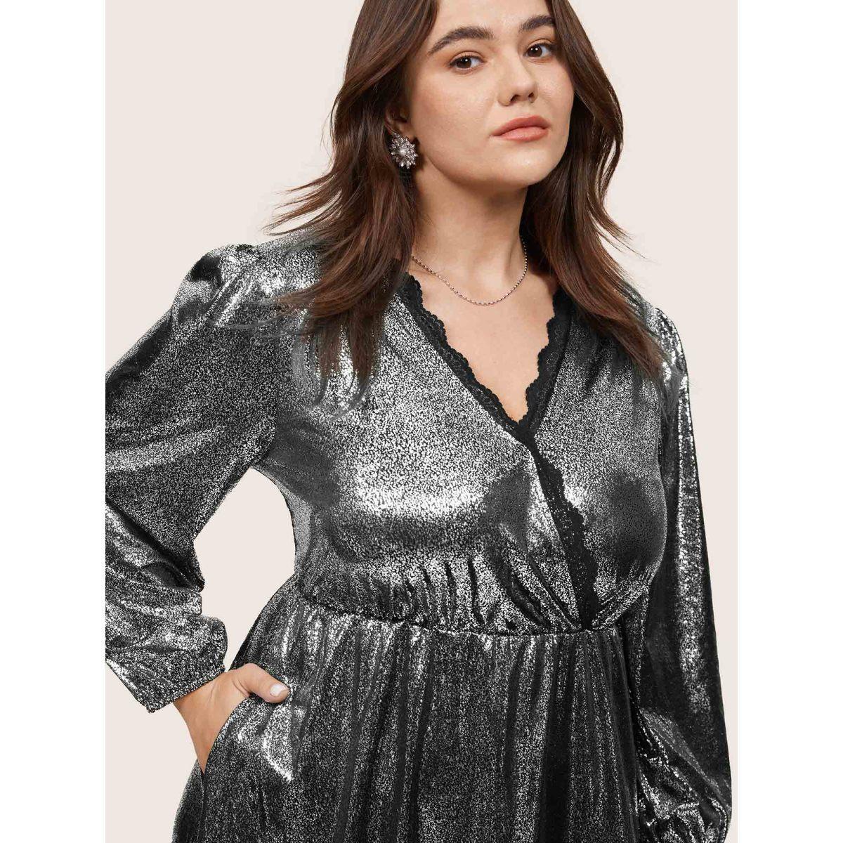 Plus Size Glitter Contrast Lace Wrap Elastic Waist Dress Black Women Party Elastic cuffs Overlap Collar Long Sleeve Curvy Midi Dress BloomChic 12/L Product Image