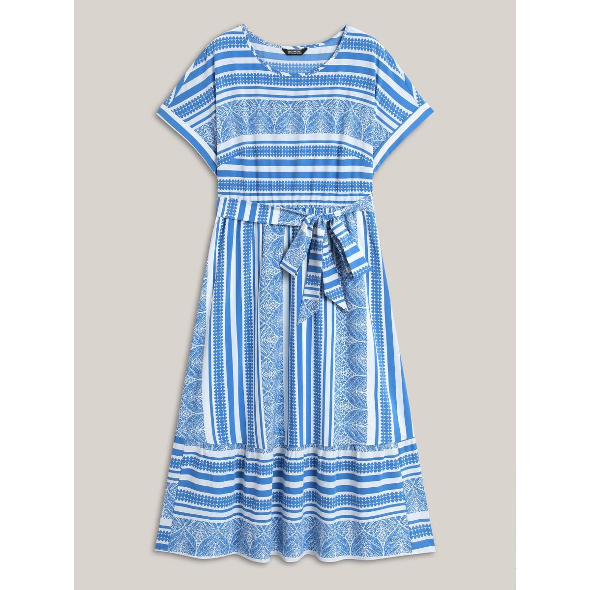 Plus Size Nautical Stripes Belted Pockets Maxi Dress Skyblue Women Round Neck Cap Sleeve Curvy BloomChic 18-20/2X Product Image